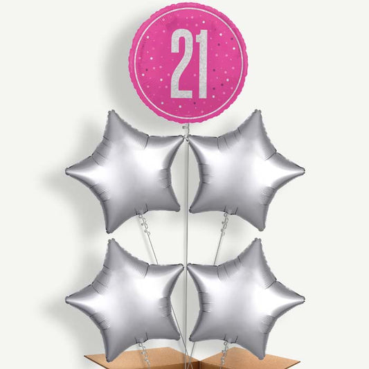 Hot Pink & Silver 21st Birthday Helium Cluster Balloons | Party Save Smile