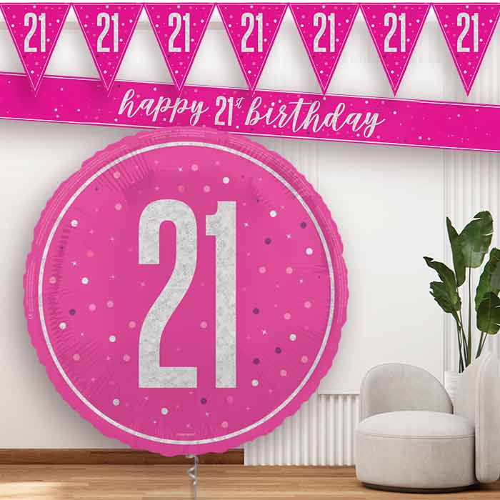 Hot Pink and Silver 21st Balloon and Banners