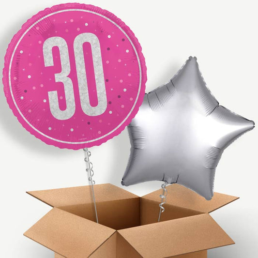 Hot Pink and Silver 30th Birthday Helium Balloon Pair | Party Save Smile