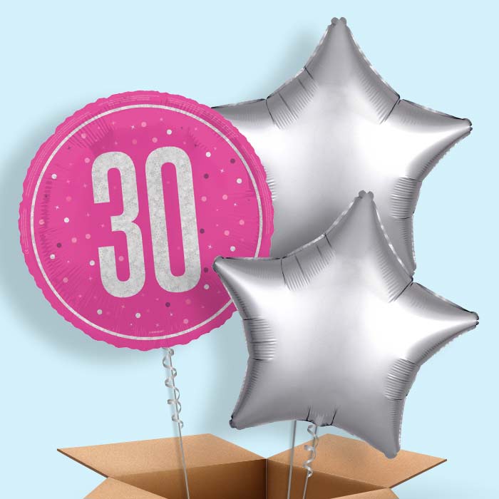 Hot Pink and Silver 30th Birthday Helium Balloon in a Box - 3 Balloon | Party Save Smile