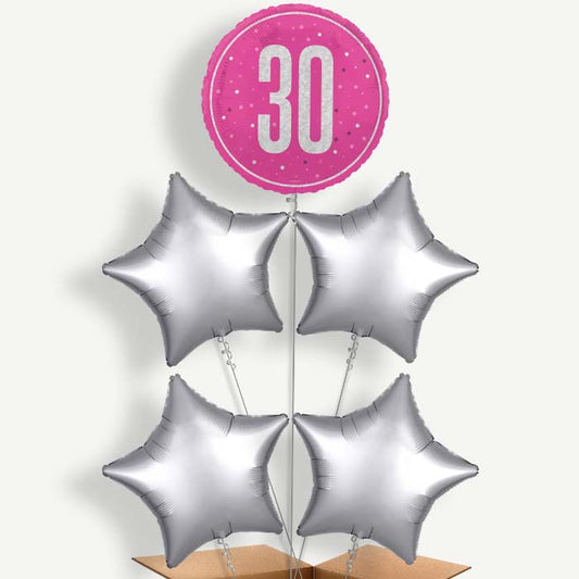 Hot Pink & Silver 30th Birthday Helium Cluster Balloons | Party Save Smile
