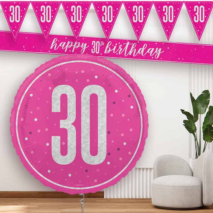 Hot Pink and Silver 30th Birthday Balloon and Banners