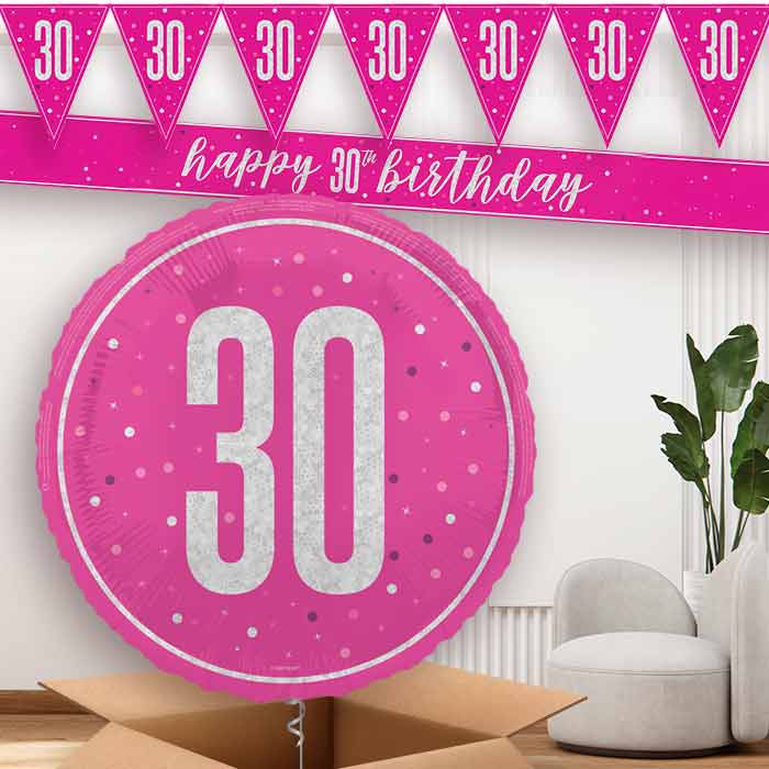Hot Pink and Silver 30th Birthday Balloon and Banners | Party Save Smile