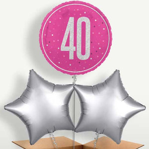 Hot Pink & Silver 40th Birthday Balloons in a Bunch (Trio)