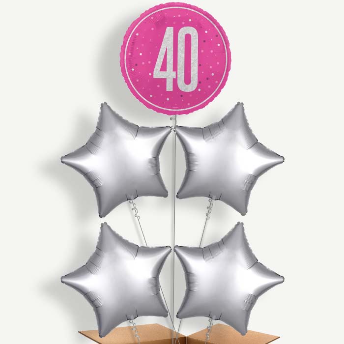 Hot Pink & Silver 40th Birthday Helium Cluster Balloons | Party Save Smile