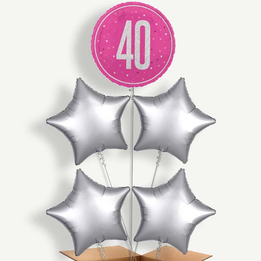 Hot Pink & Silver 40th Birthday Helium Cluster Balloons | Party Save Smile