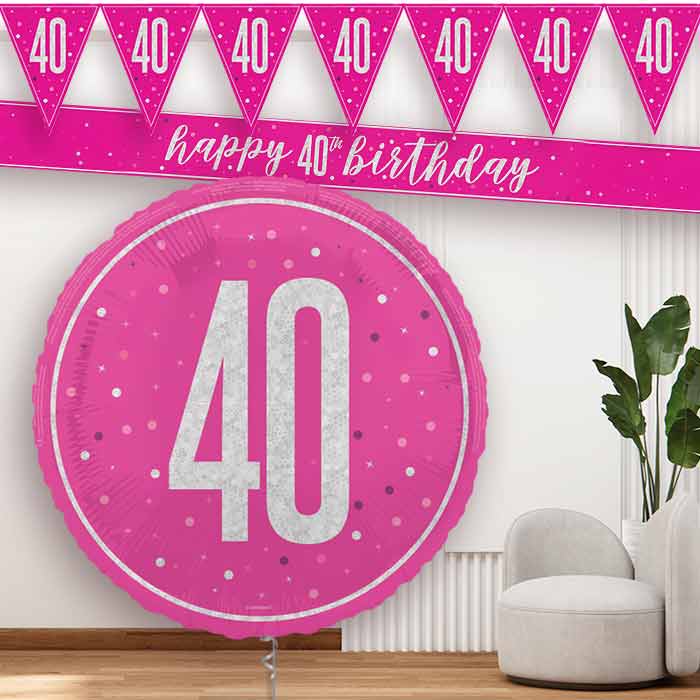 Hot Pink and Silver 40th Birthday Banners and Balloon