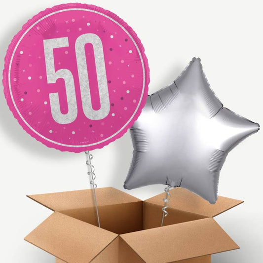 Hot Pink and Silver 50th Birthday Helium Balloon Pair | Party Save Smile