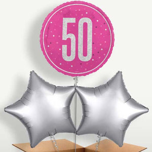 Hot Pink & Silver 50th Birthday Balloons in a Bunch (Trio)