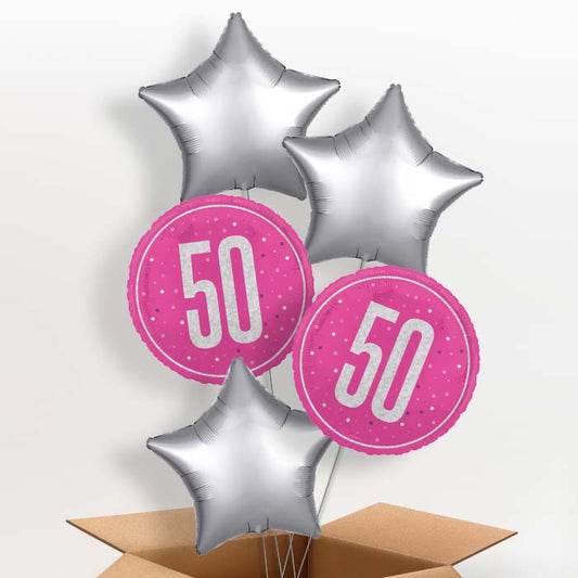 Hot Pink and Silver 50th Birthday Helium Balloon in a Box - 5 Balloon | Party Save Smile