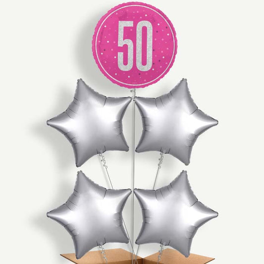 Hot Pink & Silver 50th Birthday Helium Cluster Balloons | Party Save Smile