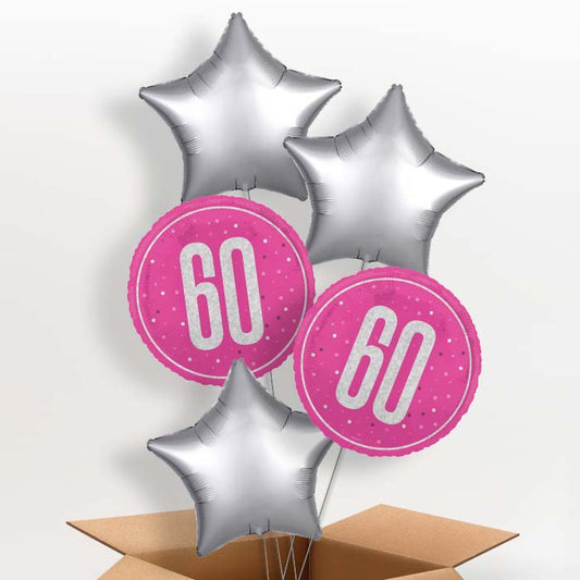 Hot Pink and Silver 60th Birthday Helium Balloon in a Box - 5 Balloon | Party Save Smile