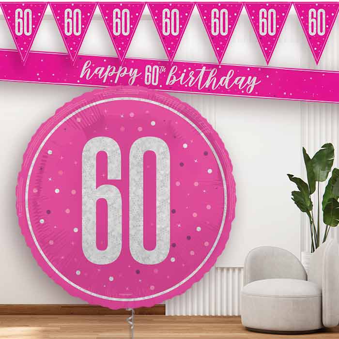 Hot Pink and Silver 60th Birthday Balloon and Banners