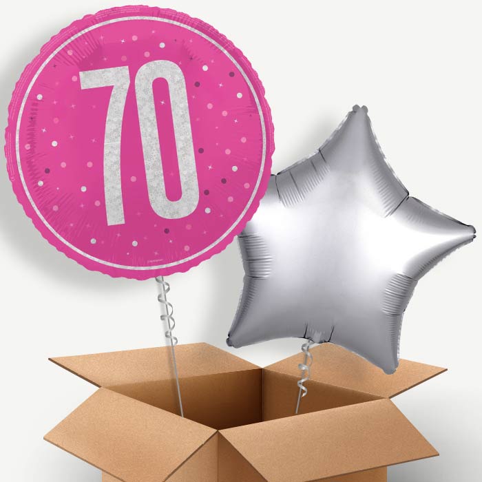 Hot Pink and Silver 70th Birthday Helium Balloon Pair | Party Save Smile