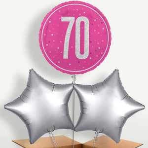 Hot Pink & Silver 70th Birthday Balloons in a Bunch (Trio)