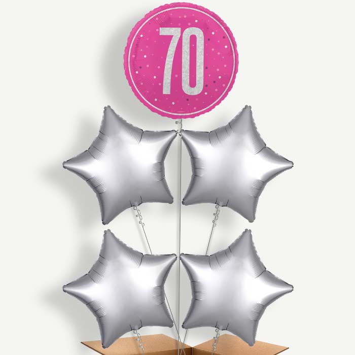 Hot Pink & Silver 70th Birthday Helium Cluster Balloons | Party Save Smile