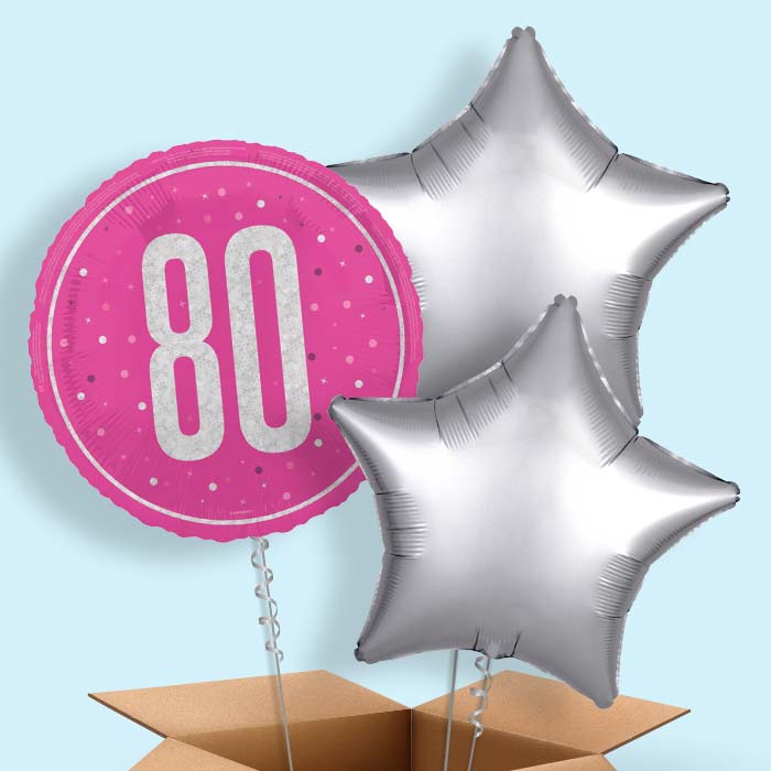 Hot Pink and Silver 80th Birthday Helium Balloon in a Box - 3 Balloon | Party Save Smile