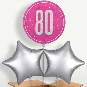 Hot Pink & Silver 80th Birthday Balloons in a Bunch (Trio)