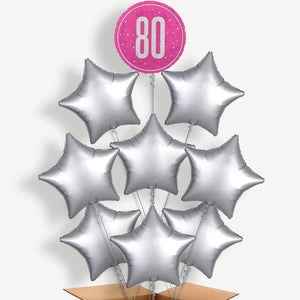 Hot Pink & Silver 80th Birthday 9 Helium Balloon Bundle