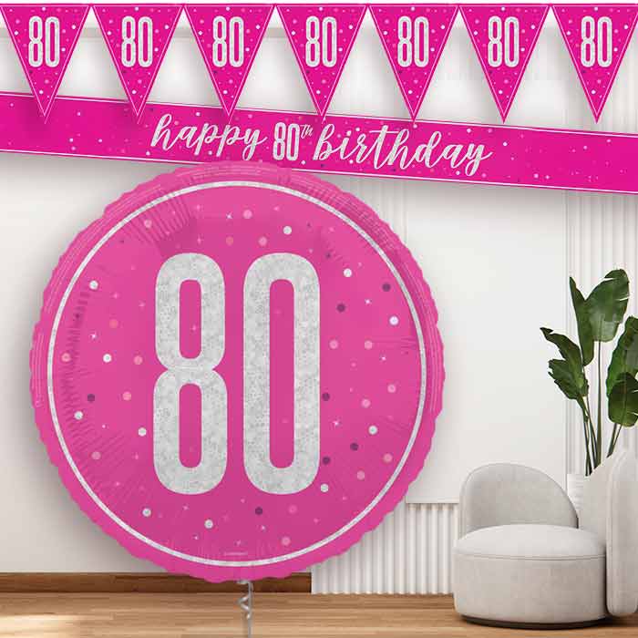 Hot Pink and Silver 80th Birthday Banners and Balloon