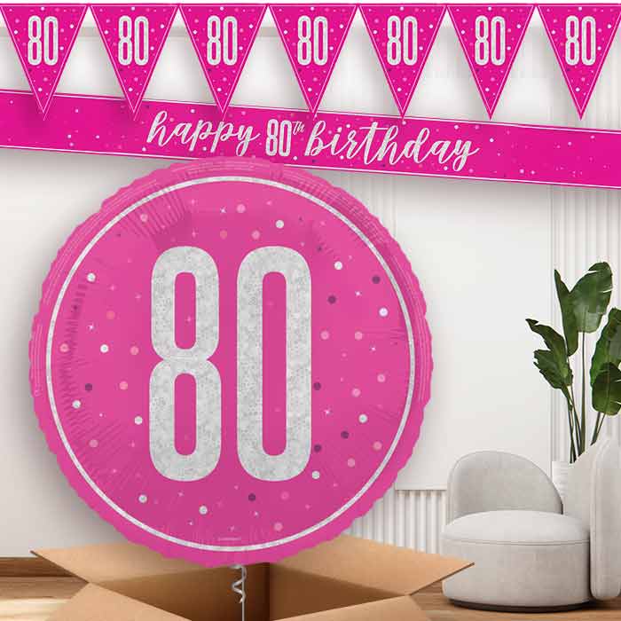 Hot Pink and Silver 80th Birthday Banners and Balloon | Party Save Smile