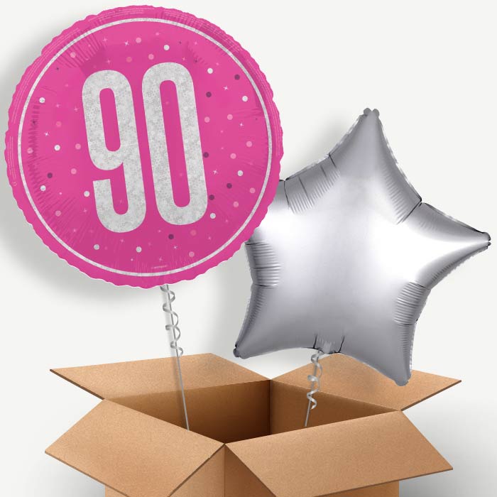 Hot Pink and Silver 90th Birthday Helium Balloon Pair | Party Save Smile