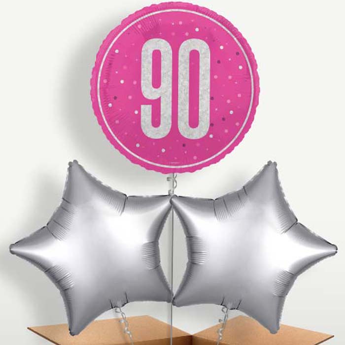 Hot Pink & Silver 90th Birthday Balloons in a Bunch | Party Save Smile