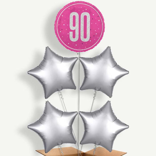 Hot Pink & Silver 90th Birthday Helium Cluster Balloons | Party Save Smile