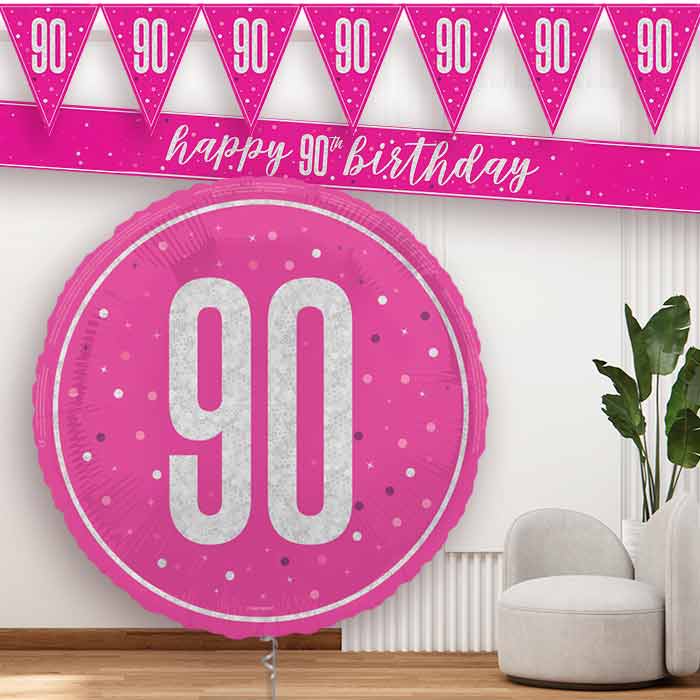 Hot Pink and Silver 90th Birthday Banners and Balloon