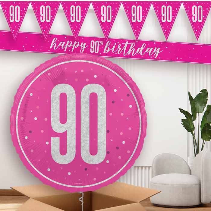 Hot Pink and Silver 90th Birthday Banners and Balloon | Party Save Smile