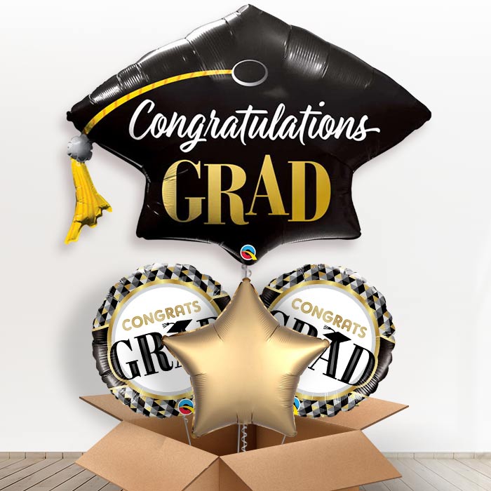 Congratulation Graduation Cap Helium Balloons in a Box-1 x Giant Balloon and 2 Themed Balloons and 1 Plain Balloon 