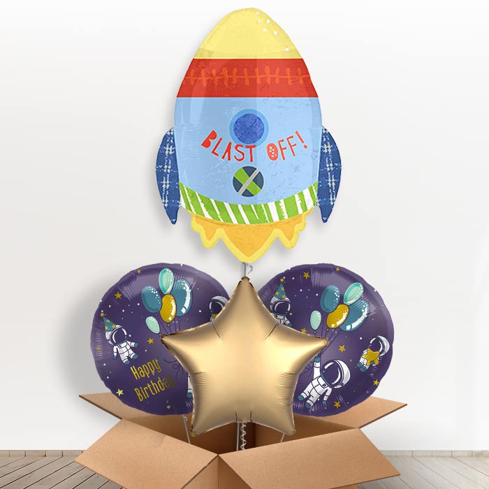 Space Rocket Giant Helium Balloon in a Box | Giant Balloon + 2 Themed Balloons + 1 Plain Balloon | Party Save Smile