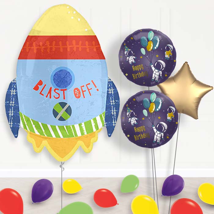 Space Rocket Balloon Bouquet Delivery | Giant Balloon + 2 Themed Balloons + 1 Plain Balloon + Mini Balloons | Party Save Smile