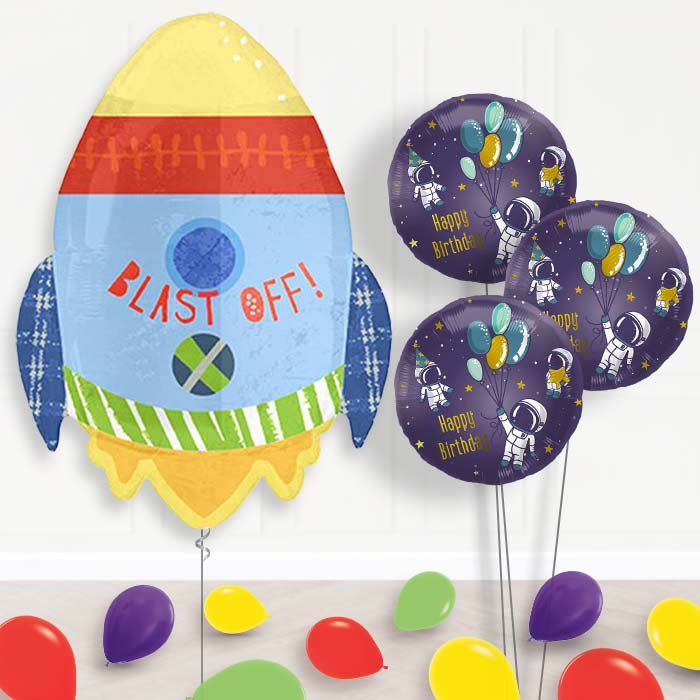 Space Rocket Balloon Bouquet Delivery | Giant Balloon + 3 Themed Balloons + Mini Balloons | Party Save Smile