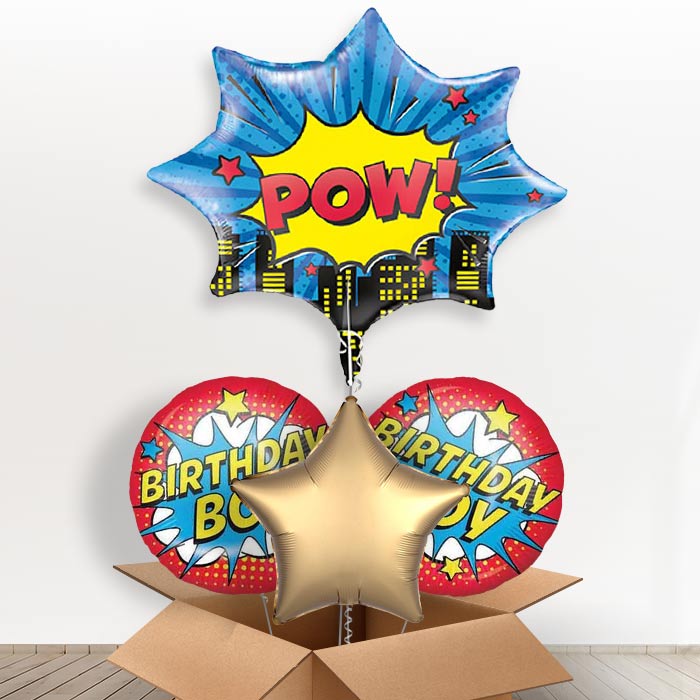 Pow Superhero Giant Helium Balloon in a Box | Giant Balloon + 2 Themed Balloons + 1 Plain Balloon | Party Save Smile