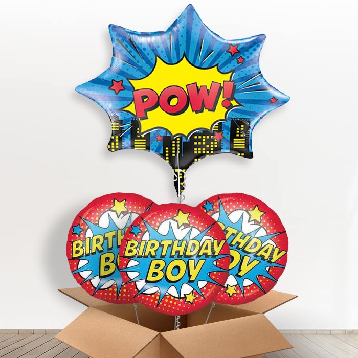 Pow Superhero Giant Helium Balloon in a Box | Giant Balloon + 3 Themed Balloons | Party Save Smile