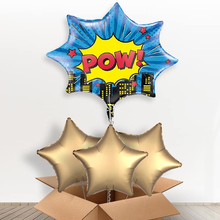 Pow Superhero Giant Helium Balloon in a Box | Giant Balloon + 3 Plain Balloons | Party Save Smile
