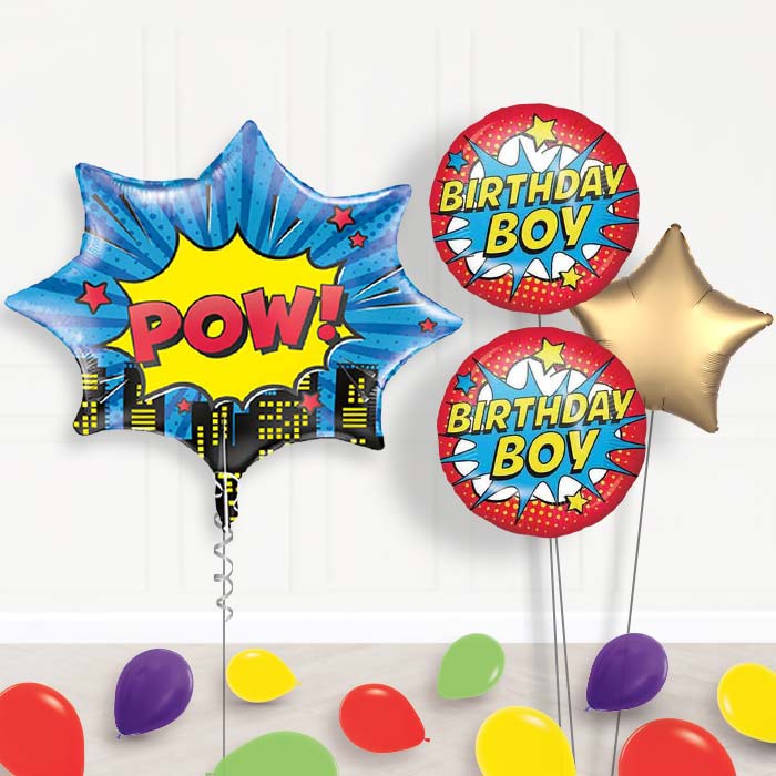 Pow Superhero Balloon Bouquet Delivery | Giant Balloon + 2 Themed Balloons + 1 Plain Balloon + Mini Balloons | Party Save Smile