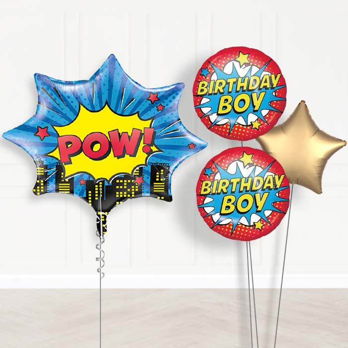 Pow Superhero Balloon Bouquet Delivery | Giant Balloon + 2 Themed Balloons + 1 Plain Balloon | Party Save Smile