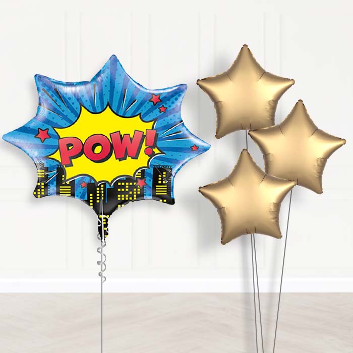 Pow Superhero Balloon Bouquet Delivery | Giant Balloon + 3 Plain Balloons | Party Save Smile