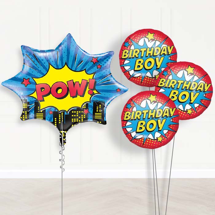 Pow Superhero Balloon Bouquet Delivery | Giant Balloon + 3 Themed Balloons | Party Save Smile