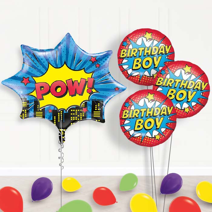 Pow Superhero Balloon Bouquet Delivery | Giant Balloon + 3 Themed Balloons + Mini Balloons | Party Save Smile