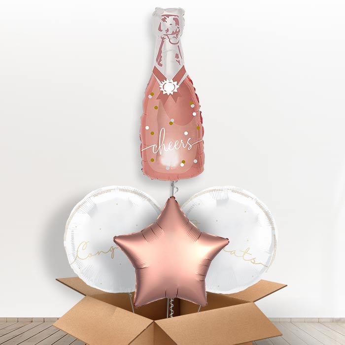 Cheers Rose Gold Bottle of Fizz Giant Helium Balloon in a Box | Giant Balloon + 2 Themed Balloons + 1 Plain Balloon | Party Save Smile