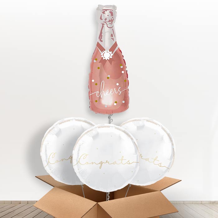 Cheers Rose Gold Bottle of Fizz Giant Helium Balloon in a Box | Giant Balloon + 3 Themed Balloons | Party Save Smile
