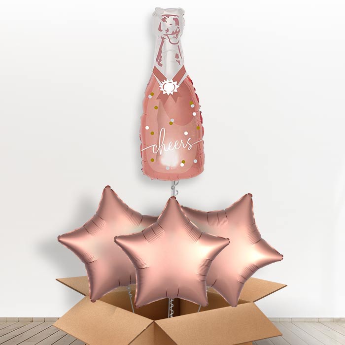 Cheers Rose Gold Bottle of Fizz Giant Helium Balloon in a Box | Giant Balloon + 3 Plain Balloons | Party Save Smile