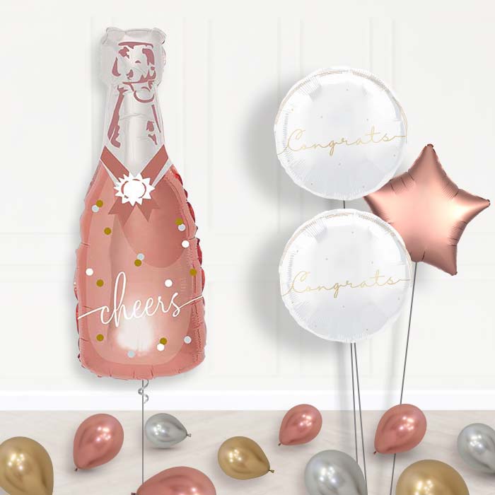 Cheers Rose Gold Bottle of Fizz Balloon Bouquet Delivery | Giant Balloon + 2 Themed Balloons + 1 Plain Balloon + Mini Balloons | Party Save Smile