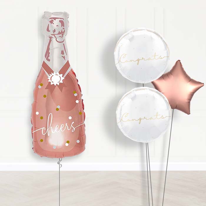 Cheers Rose Gold Bottle of Fizz Balloon Bouquet Delivery | Giant Balloon + 2 Themed Balloons + 1 Plain Balloon | Party Save Smile