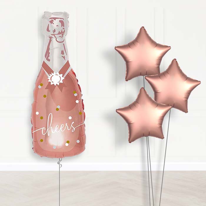 Cheers Rose Gold Bottle of Fizz Balloon Bouquet Delivery | Giant Balloon + 3 Plain Balloons | Party Save Smile