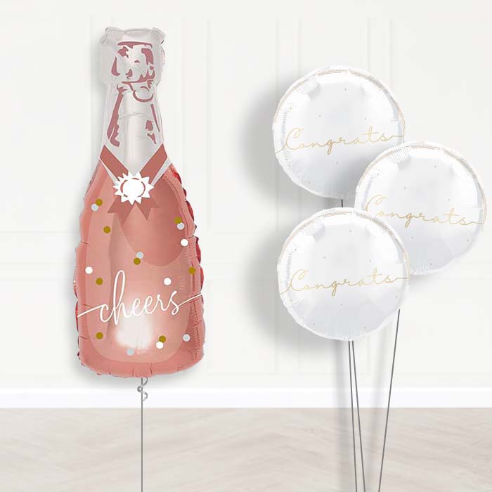 Cheers Rose Gold Bottle of Fizz Balloon Bouquet Delivery | Giant Balloon + 3 Themed Balloons | Party Save Smile