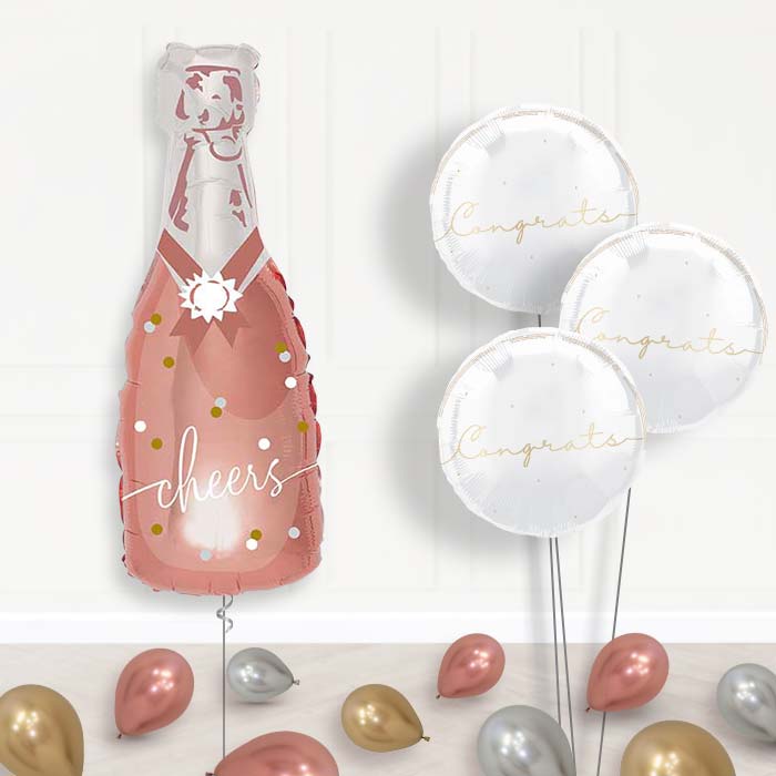 Cheers Rose Gold Bottle of Fizz Balloon Bouquet Delivery | Giant Balloon + 3 Themed Balloons + Mini Balloons | Party Save Smile